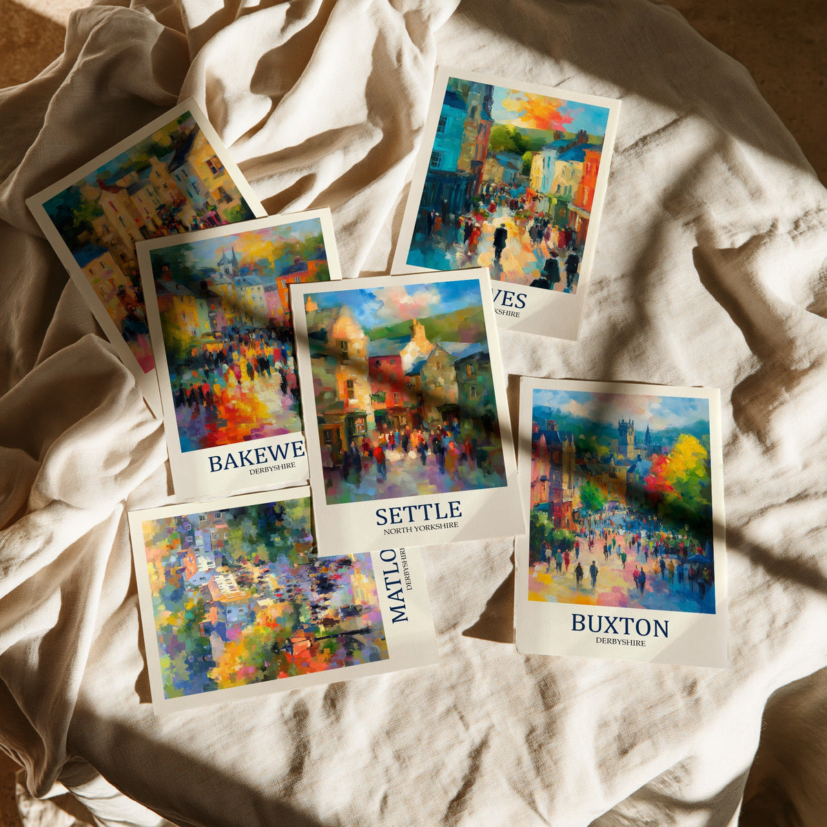 Set of Six Peaks and Dales Art Prints - 6 Impressionist Market Town Posters - Grassington, Bakewell, Hawes, Matlock, Settle, Buxton Painting