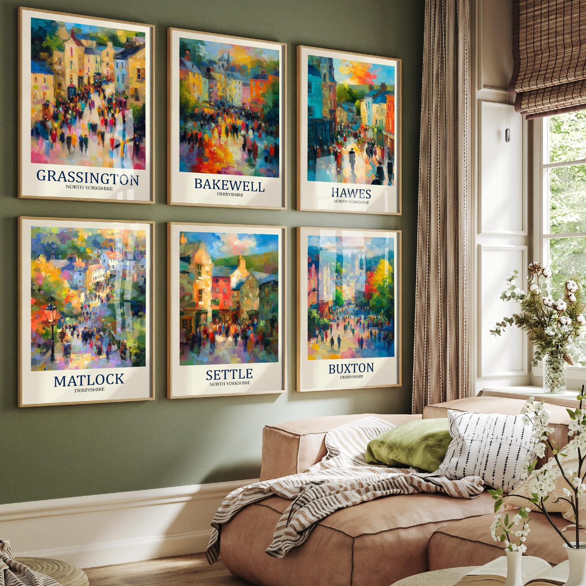 Set of Six Peaks and Dales Art Prints - 6 Impressionist Market Town Posters - Grassington, Bakewell, Hawes, Matlock, Settle, Buxton Painting