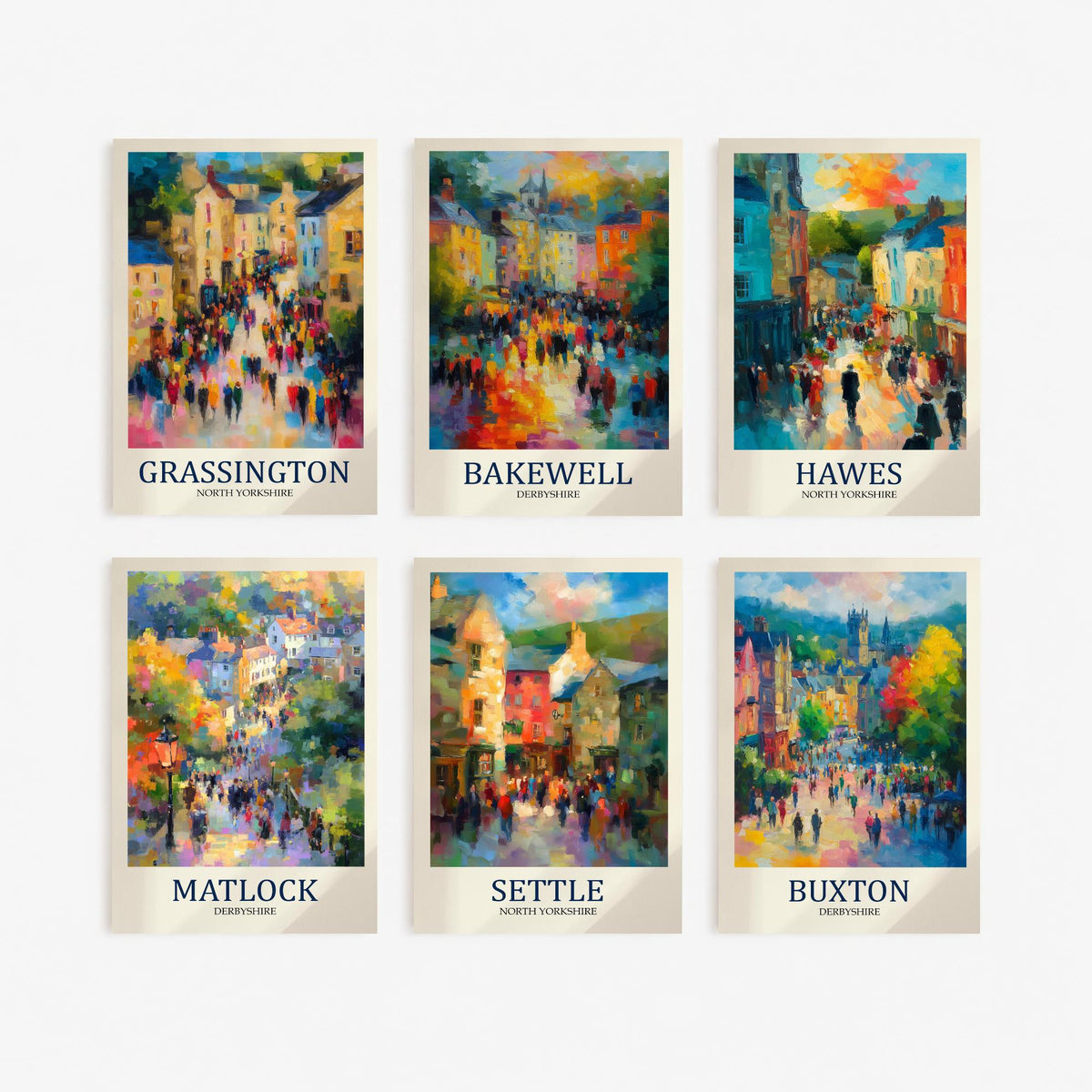 Set of Six Peaks and Dales Art Prints - 6 Impressionist Market Town Posters - Grassington, Bakewell, Hawes, Matlock, Settle, Buxton Painting