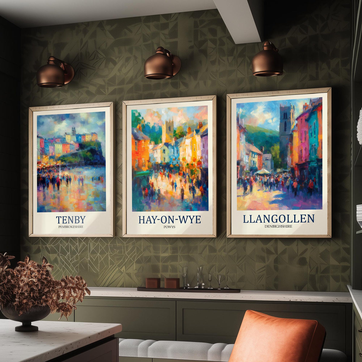 Welsh Market Towns Set of Three Prints | Tenby Hay-on-Wye Llangollen | Fauvist Wales Wall Art Poster Painting