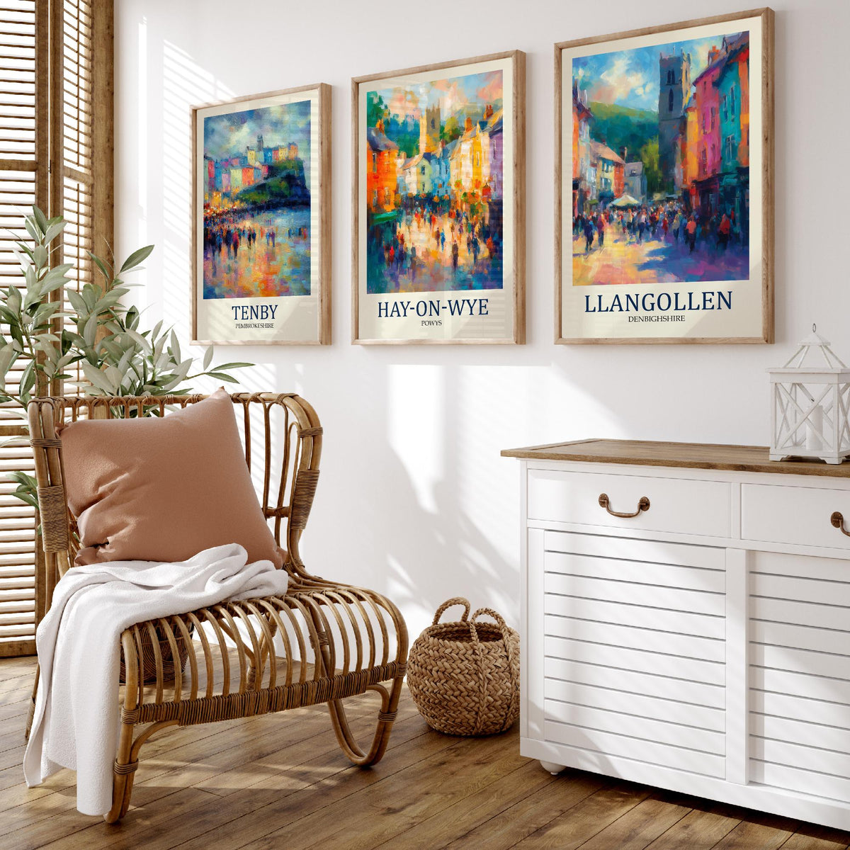 Welsh Market Towns Set of Three Prints | Tenby Hay-on-Wye Llangollen | Fauvist Wales Wall Art Poster Painting