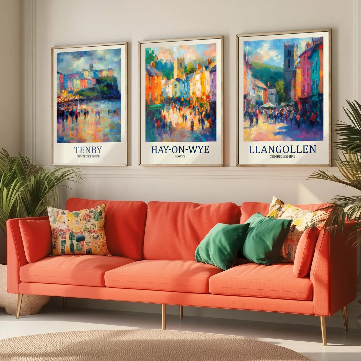 Welsh Market Towns Set of Three Prints | Tenby Hay-on-Wye Llangollen | Fauvist Wales Wall Art Poster Painting