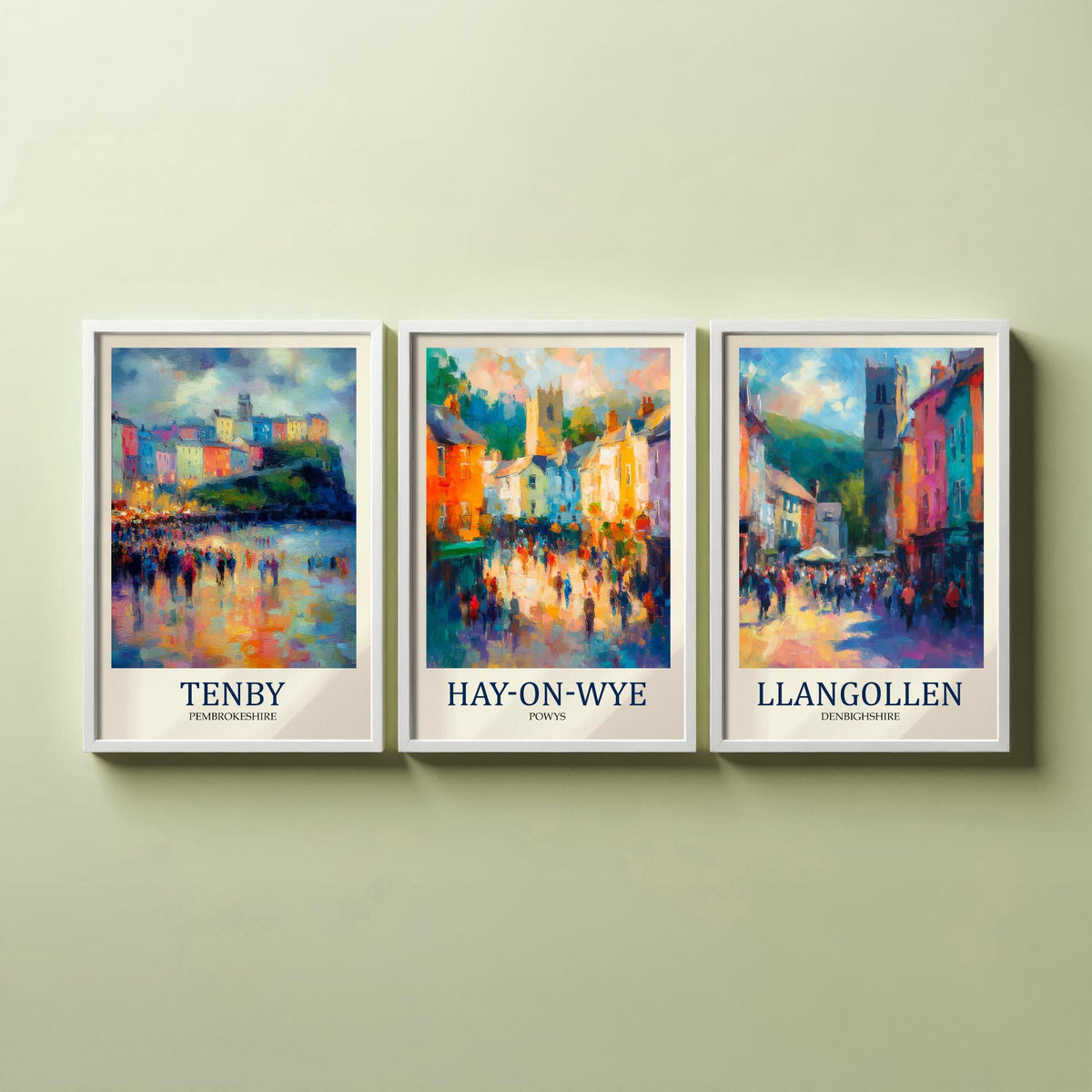 Welsh Market Towns Set of Three Prints | Tenby Hay-on-Wye Llangollen | Fauvist Wales Wall Art Poster Painting
