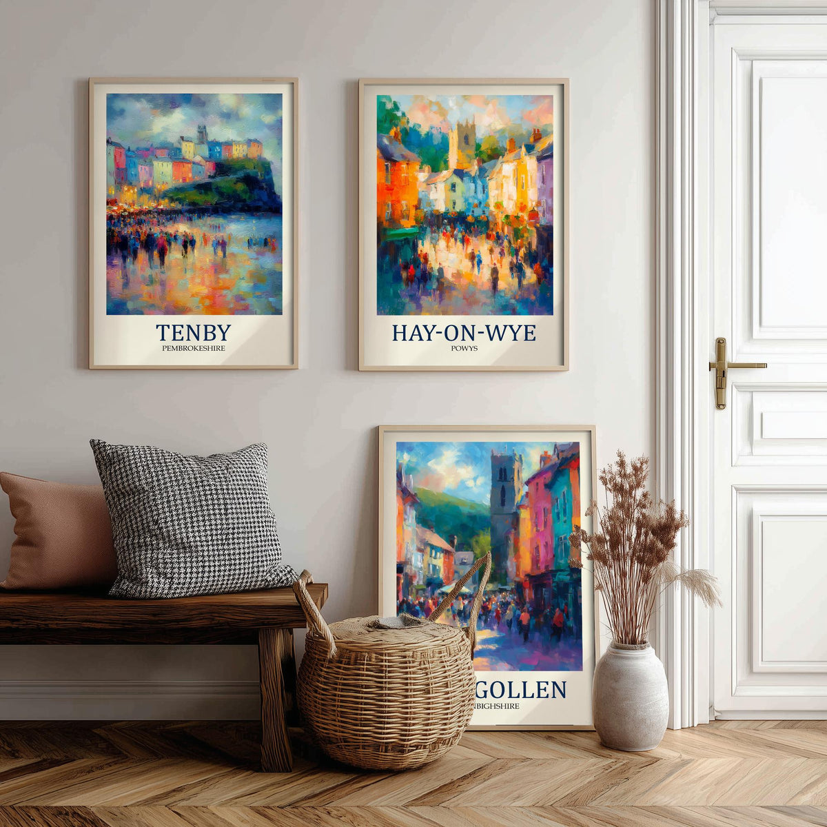 Welsh Market Towns Set of Three Prints | Tenby Hay-on-Wye Llangollen | Fauvist Wales Wall Art Poster Painting