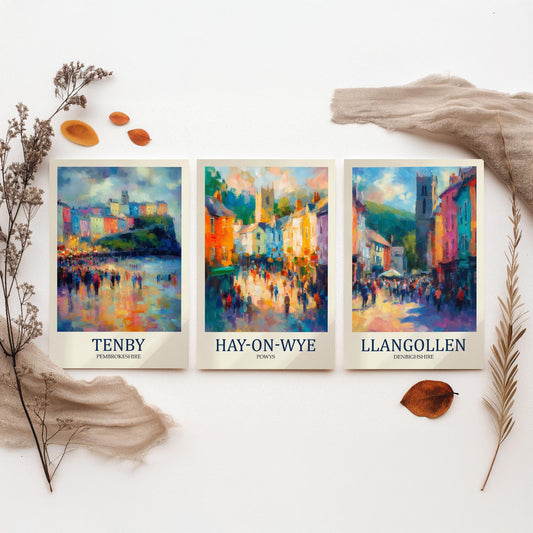 Welsh Market Towns Set of Three Prints | Tenby Hay-on-Wye Llangollen | Fauvist Wales Wall Art Poster Painting