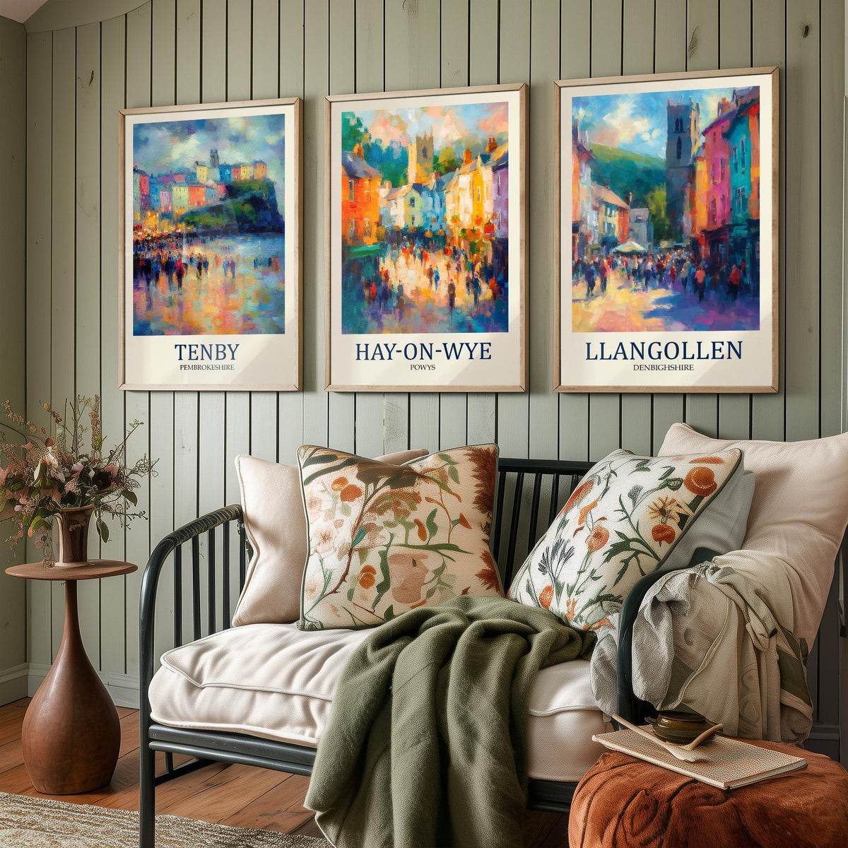 Welsh Market Towns Set of Three Prints | Tenby Hay-on-Wye Llangollen | Fauvist Wales Wall Art Poster Painting