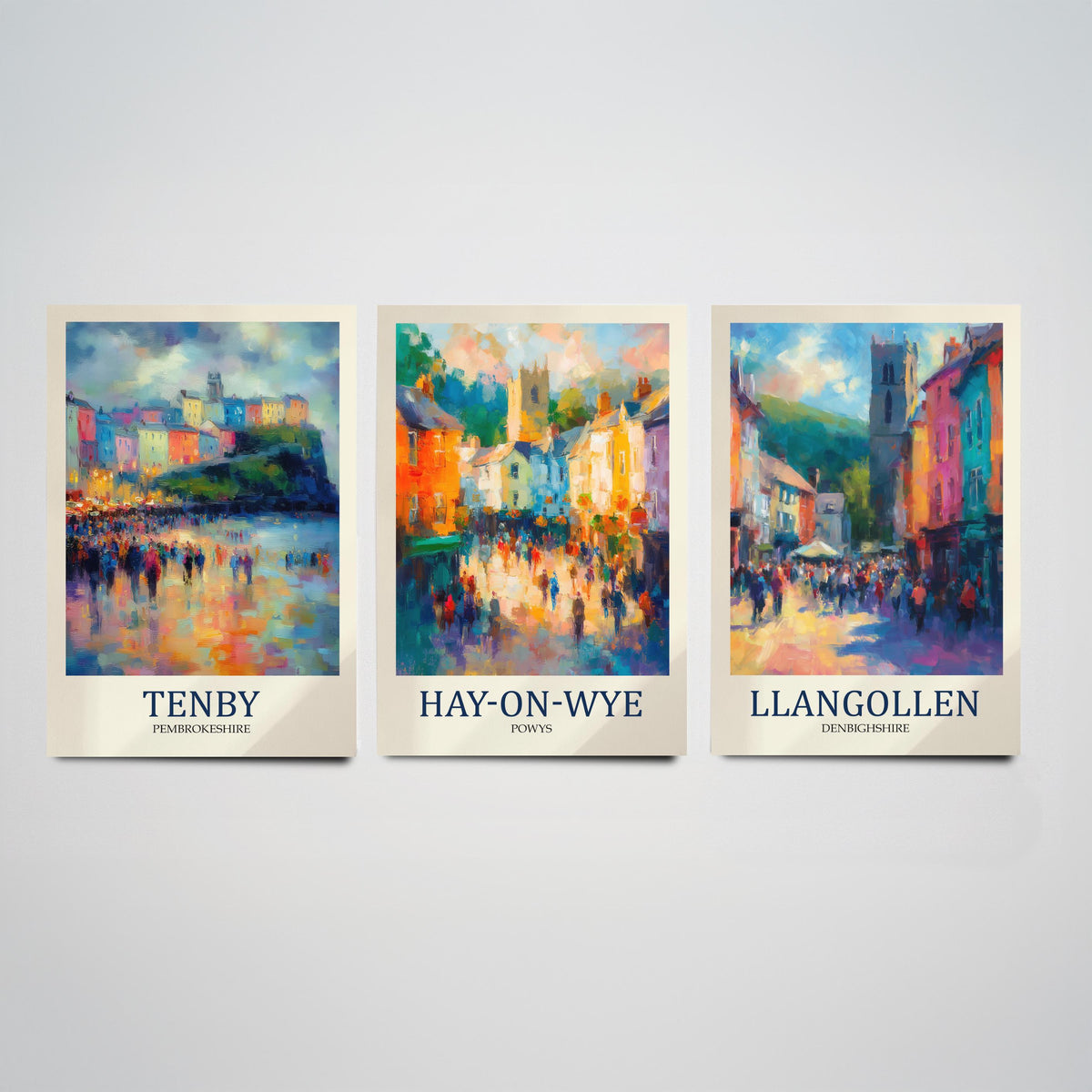 Welsh Market Towns Set of Three Prints | Tenby Hay-on-Wye Llangollen | Fauvist Wales Wall Art Poster Painting