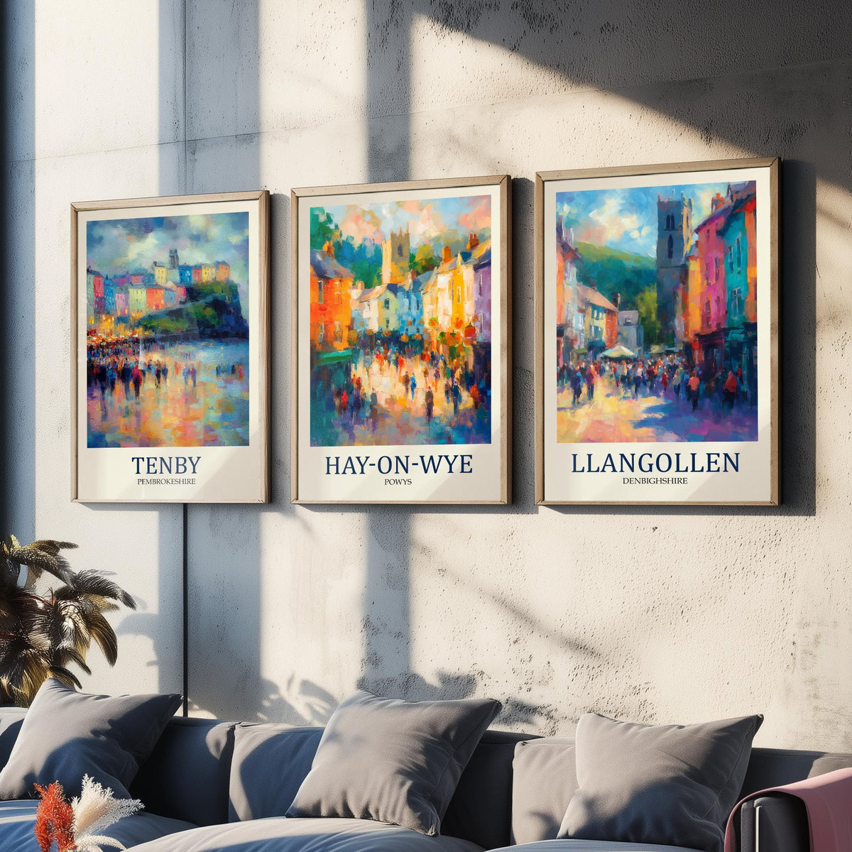 Welsh Market Towns Set of Three Prints | Tenby Hay-on-Wye Llangollen | Fauvist Wales Wall Art Poster Painting