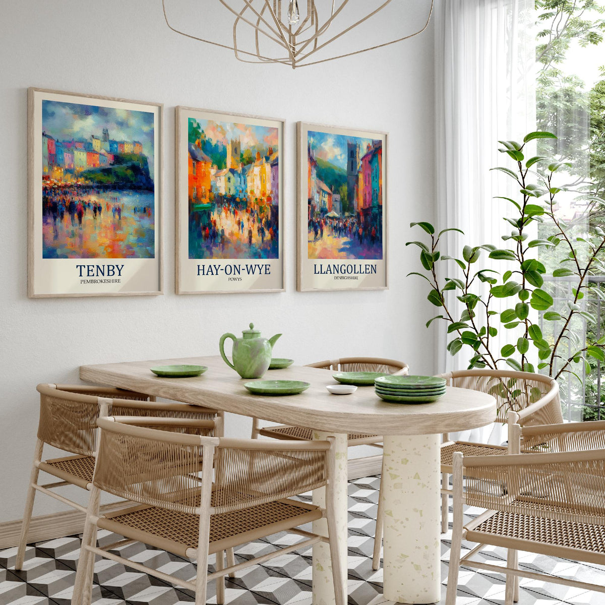 Welsh Market Towns Set of Three Prints | Tenby Hay-on-Wye Llangollen | Fauvist Wales Wall Art Poster Painting