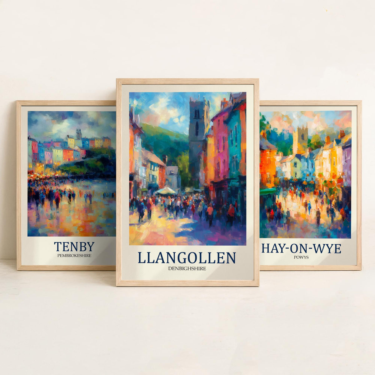 Welsh Market Towns Set of Three Prints | Tenby Hay-on-Wye Llangollen | Fauvist Wales Wall Art Poster Painting