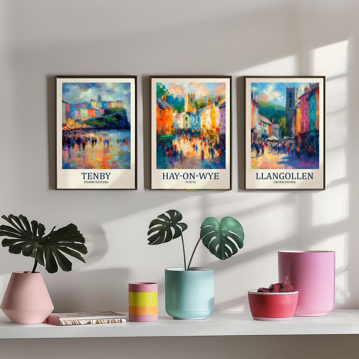 Welsh Market Towns Set of Three Prints | Tenby Hay-on-Wye Llangollen | Fauvist Wales Wall Art Poster Painting
