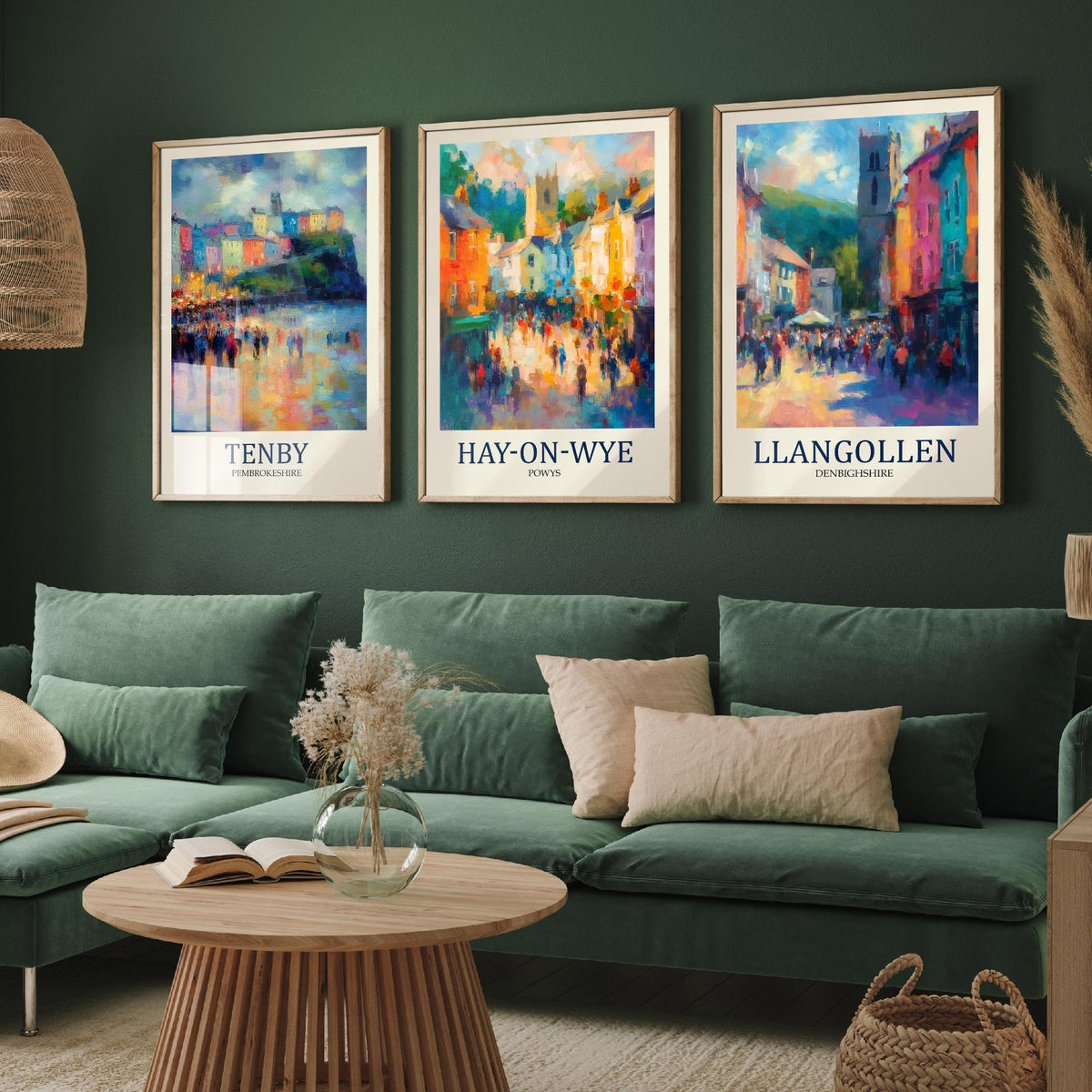 Welsh Market Towns Set of Three Prints | Tenby Hay-on-Wye Llangollen | Fauvist Wales Wall Art Poster Painting