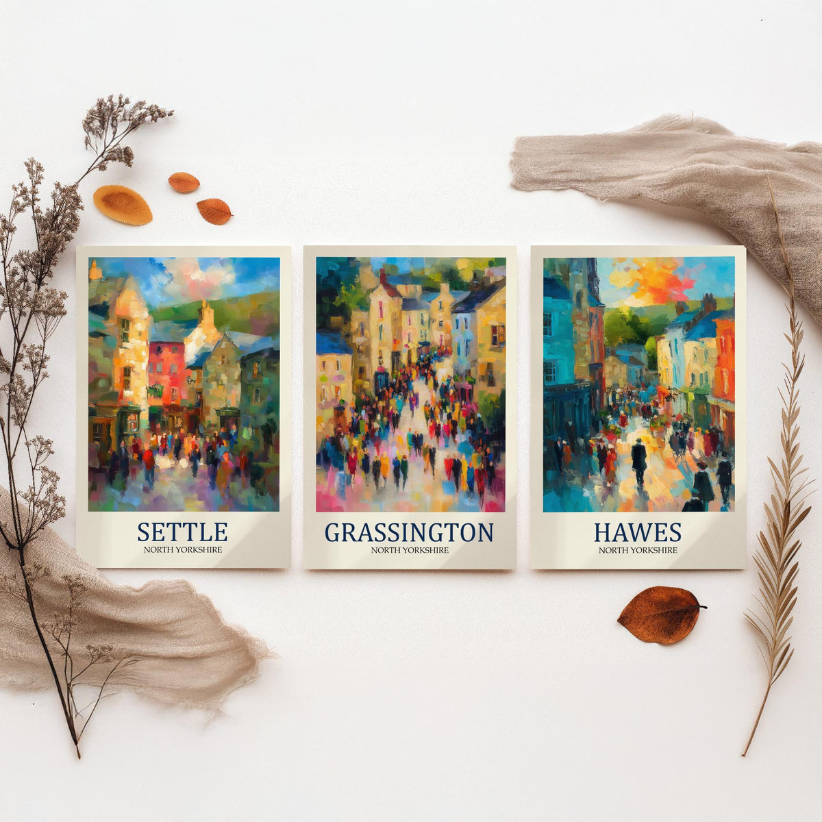 Set of Three Yorkshire Dales Travel Posters - Settle, Grassington, Hawes - 3 Impressionist Art Prints - Town Painting Fauvist Gift