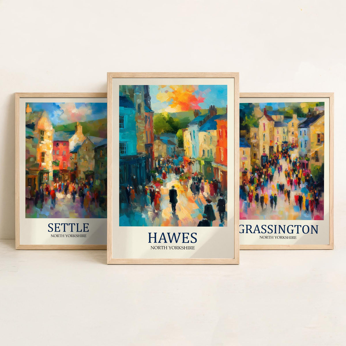 Set of Three Yorkshire Dales Travel Posters - Settle, Grassington, Hawes - 3 Impressionist Art Prints - Town Painting Fauvist Gift