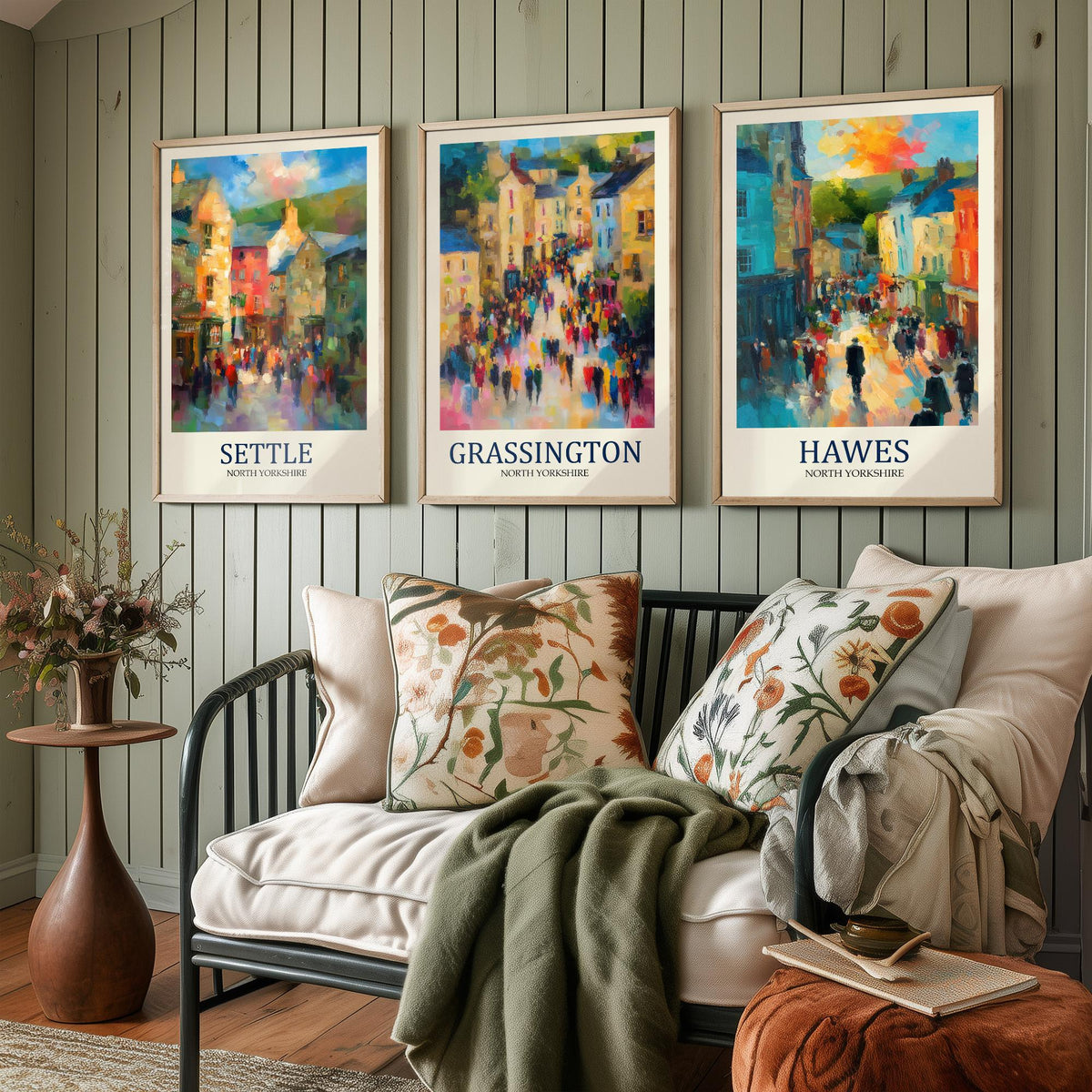 Set of Three Yorkshire Dales Travel Posters - Settle, Grassington, Hawes - 3 Impressionist Art Prints - Town Painting Fauvist Gift
