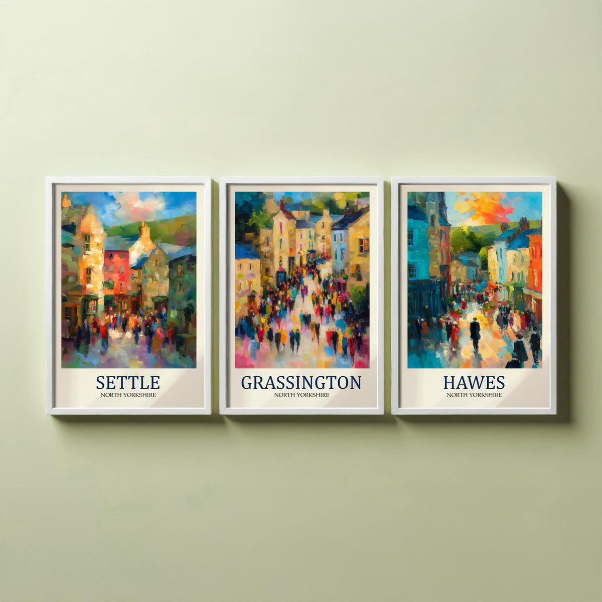 Set of Three Yorkshire Dales Travel Posters - Settle, Grassington, Hawes - 3 Impressionist Art Prints - Town Painting Fauvist Gift