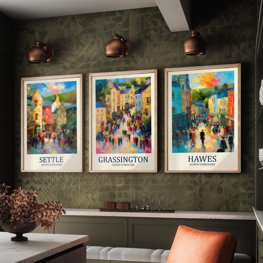 Set of Three Yorkshire Dales Travel Posters - Settle, Grassington, Hawes - 3 Impressionist Art Prints - Town Painting Fauvist Gift
