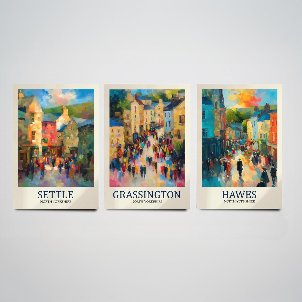 Set of Three Yorkshire Dales Travel Posters - Settle, Grassington, Hawes - 3 Impressionist Art Prints - Town Painting Fauvist Gift
