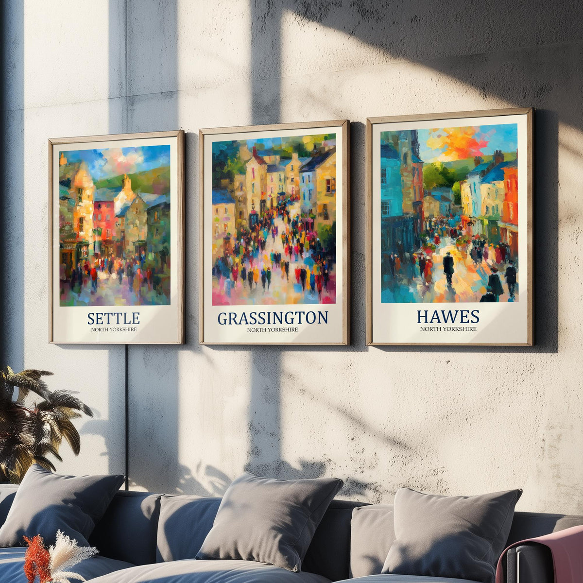 Set of Three Yorkshire Dales Travel Posters - Settle, Grassington, Hawes - 3 Impressionist Art Prints - Town Painting Fauvist Gift