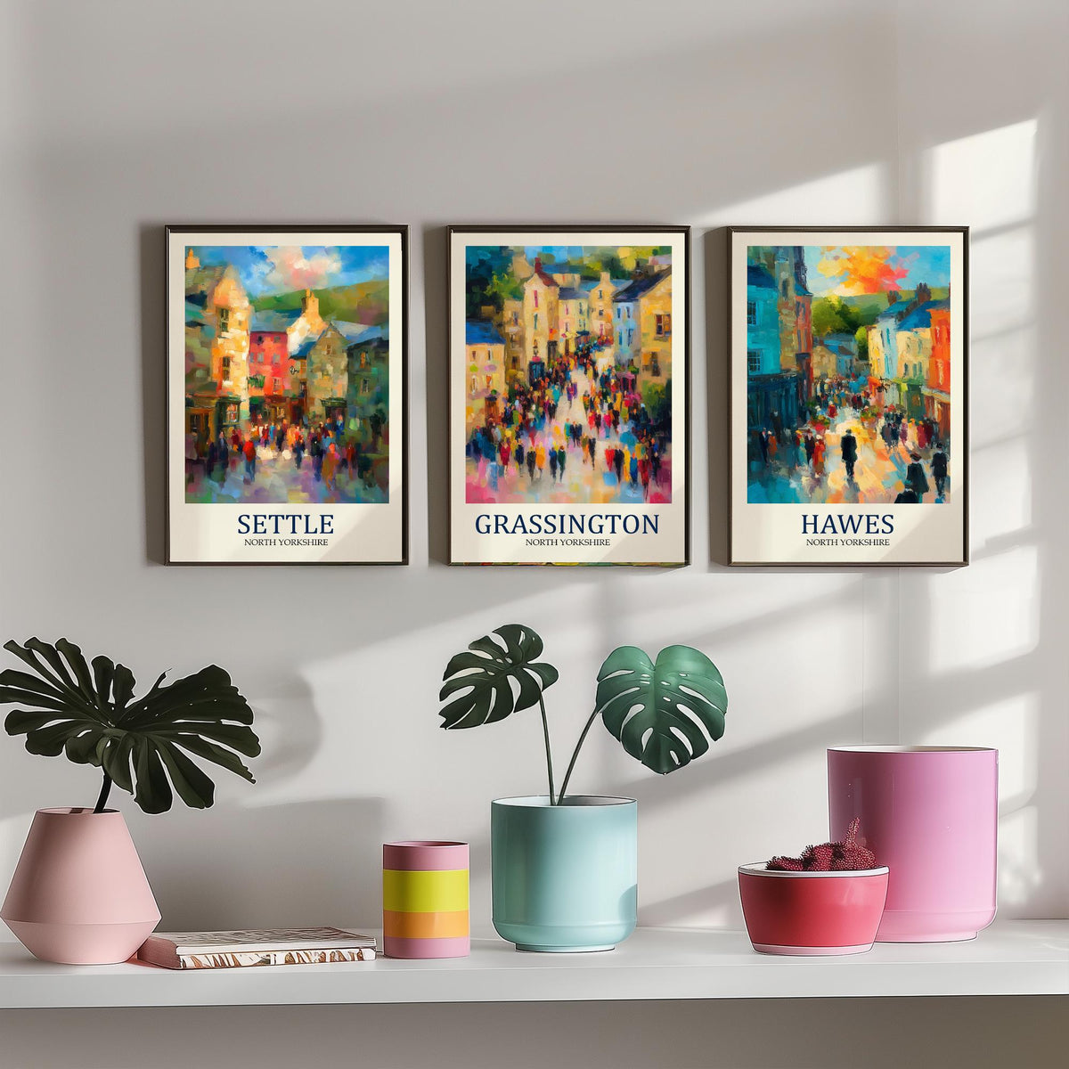 Set of Three Yorkshire Dales Travel Posters - Settle, Grassington, Hawes - 3 Impressionist Art Prints - Town Painting Fauvist Gift