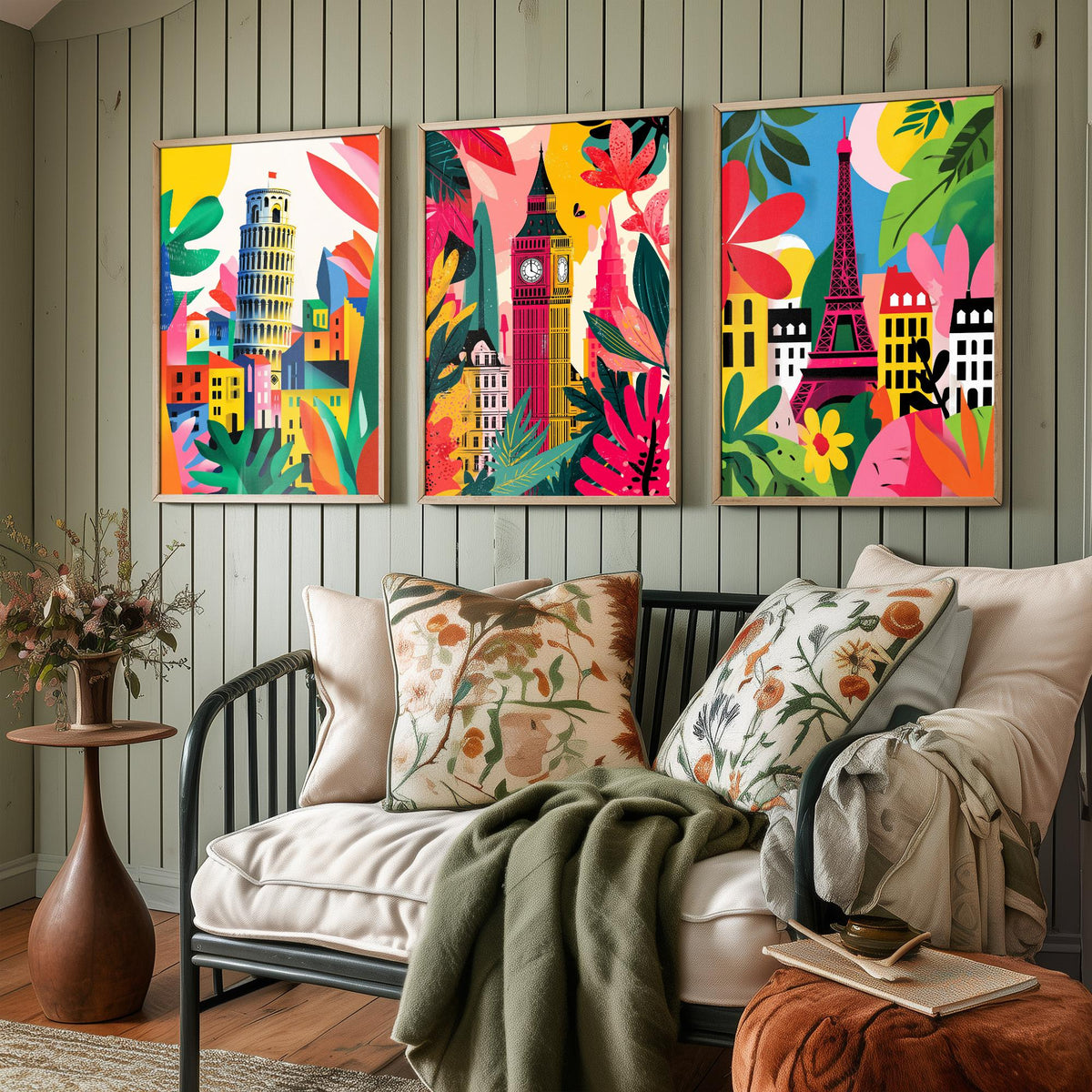 World Landmarks Set of Three Prints | Leaning Tower of Pisa Big Ben Eiffel Tower | Cut Out Style Travel Illustration Poster