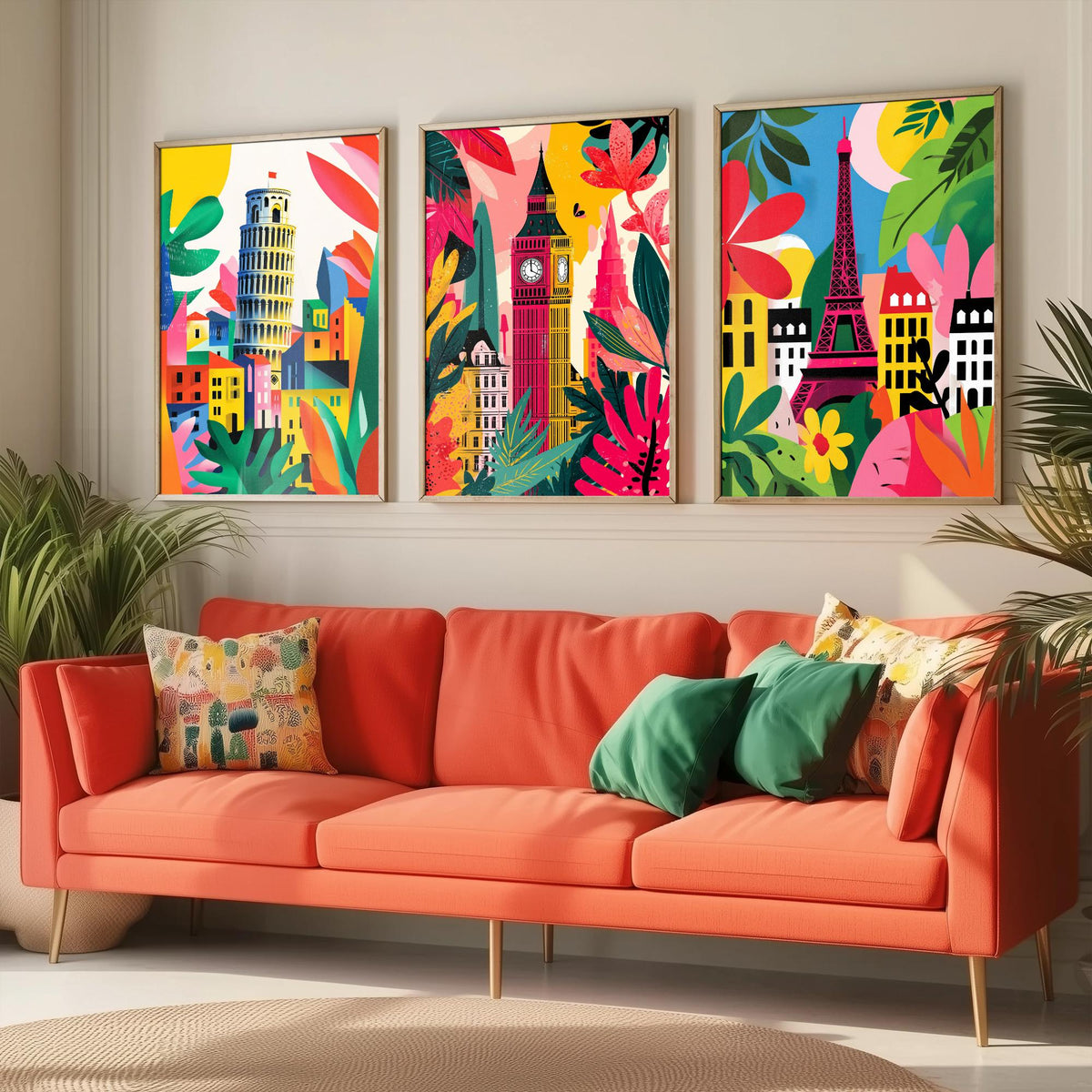 World Landmarks Set of Three Prints | Leaning Tower of Pisa Big Ben Eiffel Tower | Cut Out Style Travel Illustration Poster