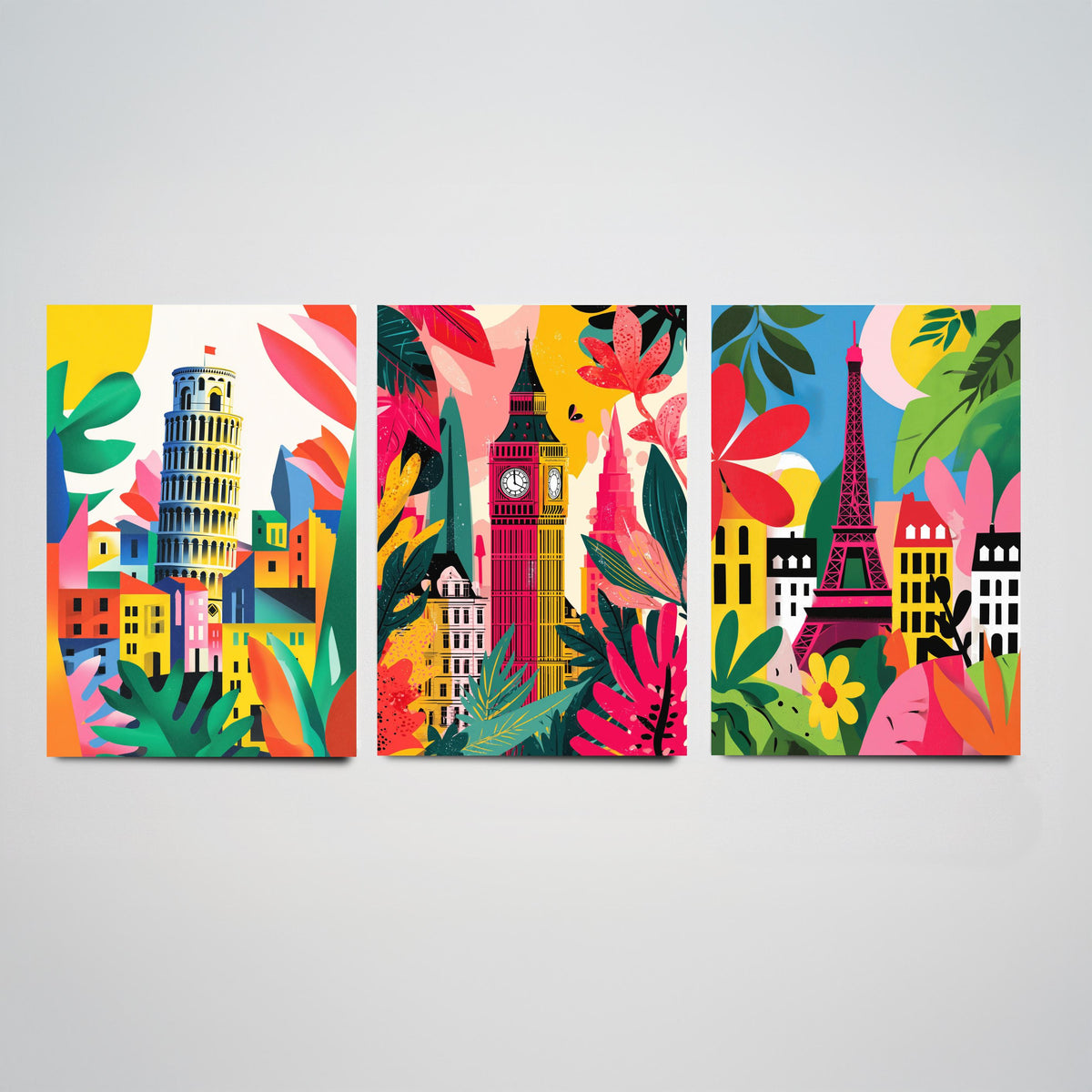 World Landmarks Set of Three Prints | Leaning Tower of Pisa Big Ben Eiffel Tower | Cut Out Style Travel Illustration Poster