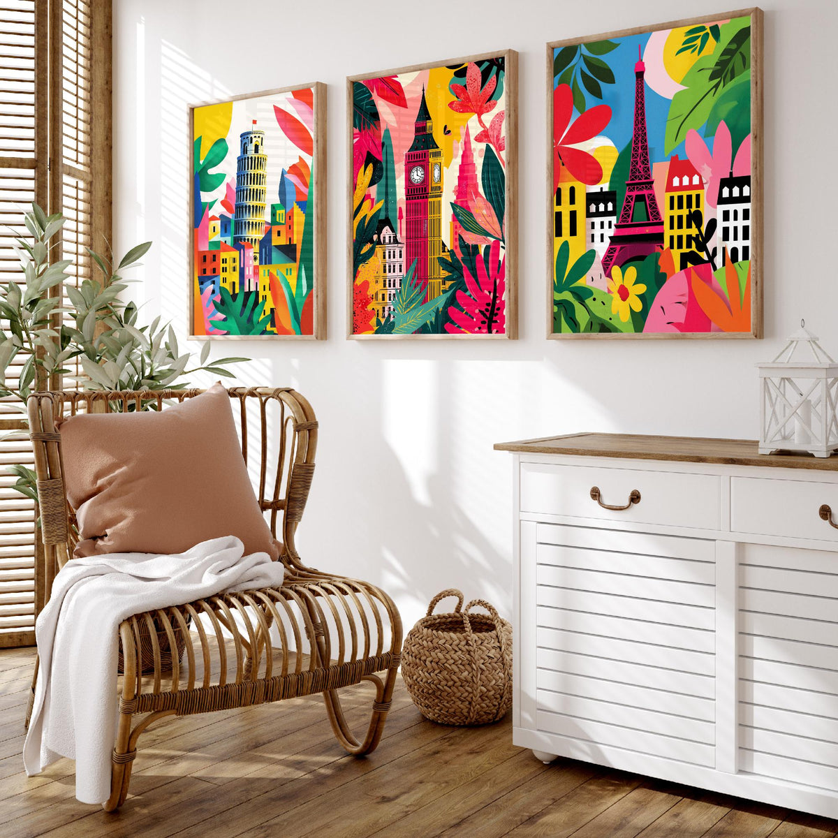 World Landmarks Set of Three Prints | Leaning Tower of Pisa Big Ben Eiffel Tower | Cut Out Style Travel Illustration Poster