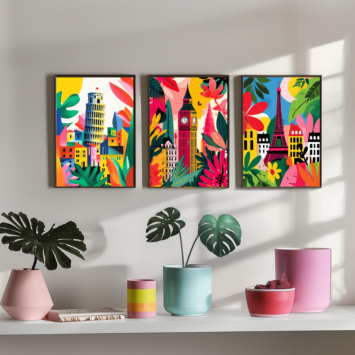 World Landmarks Set of Three Prints | Leaning Tower of Pisa Big Ben Eiffel Tower | Cut Out Style Travel Illustration Poster