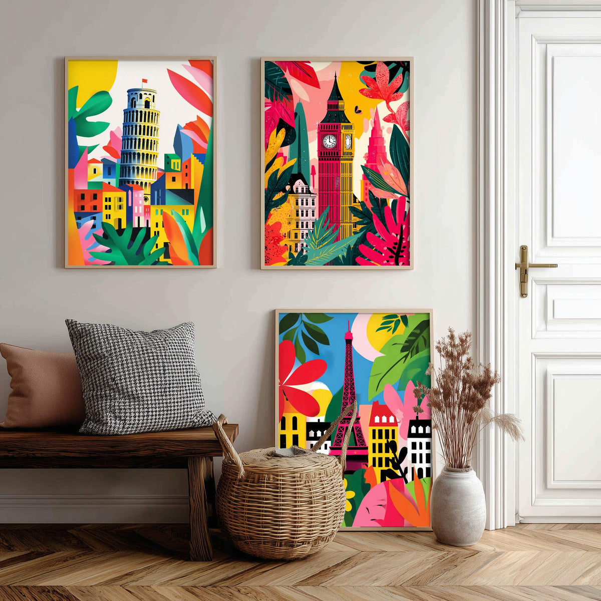World Landmarks Set of Three Prints | Leaning Tower of Pisa Big Ben Eiffel Tower | Cut Out Style Travel Illustration Poster