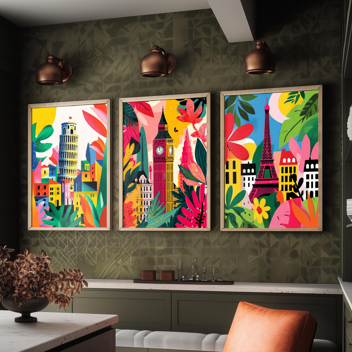 World Landmarks Set of Three Prints | Leaning Tower of Pisa Big Ben Eiffel Tower | Cut Out Style Travel Illustration Poster