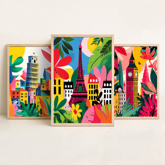 World Landmarks Set of Three Prints | Leaning Tower of Pisa Big Ben Eiffel Tower | Cut Out Style Travel Illustration Poster