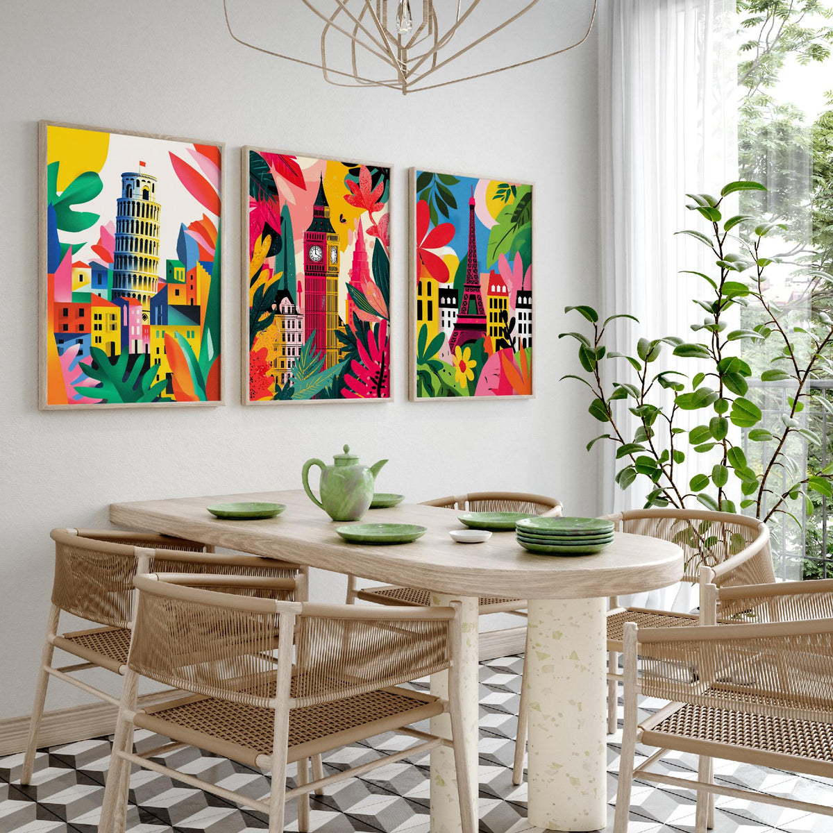 World Landmarks Set of Three Prints | Leaning Tower of Pisa Big Ben Eiffel Tower | Cut Out Style Travel Illustration Poster