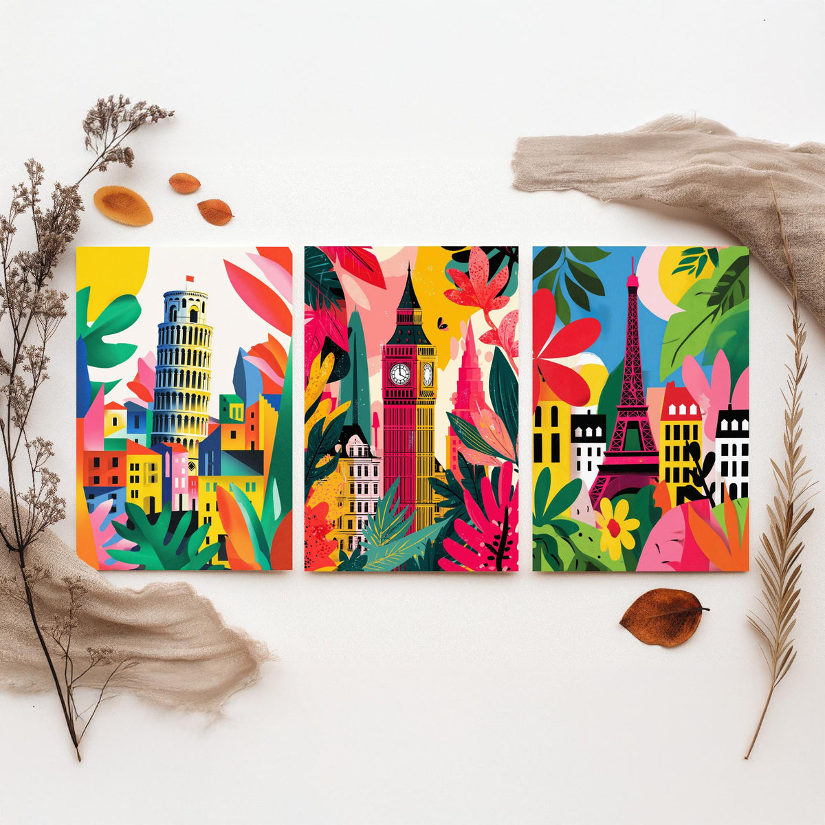 World Landmarks Set of Three Prints | Leaning Tower of Pisa Big Ben Eiffel Tower | Cut Out Style Travel Illustration Poster