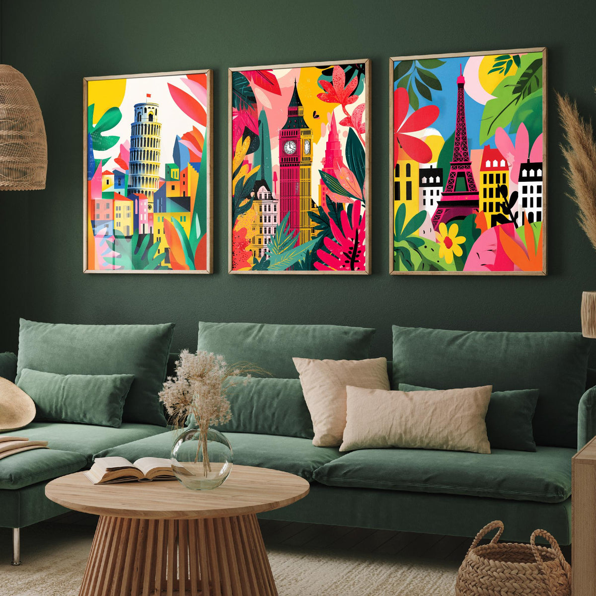 World Landmarks Set of Three Prints | Leaning Tower of Pisa Big Ben Eiffel Tower | Cut Out Style Travel Illustration Poster