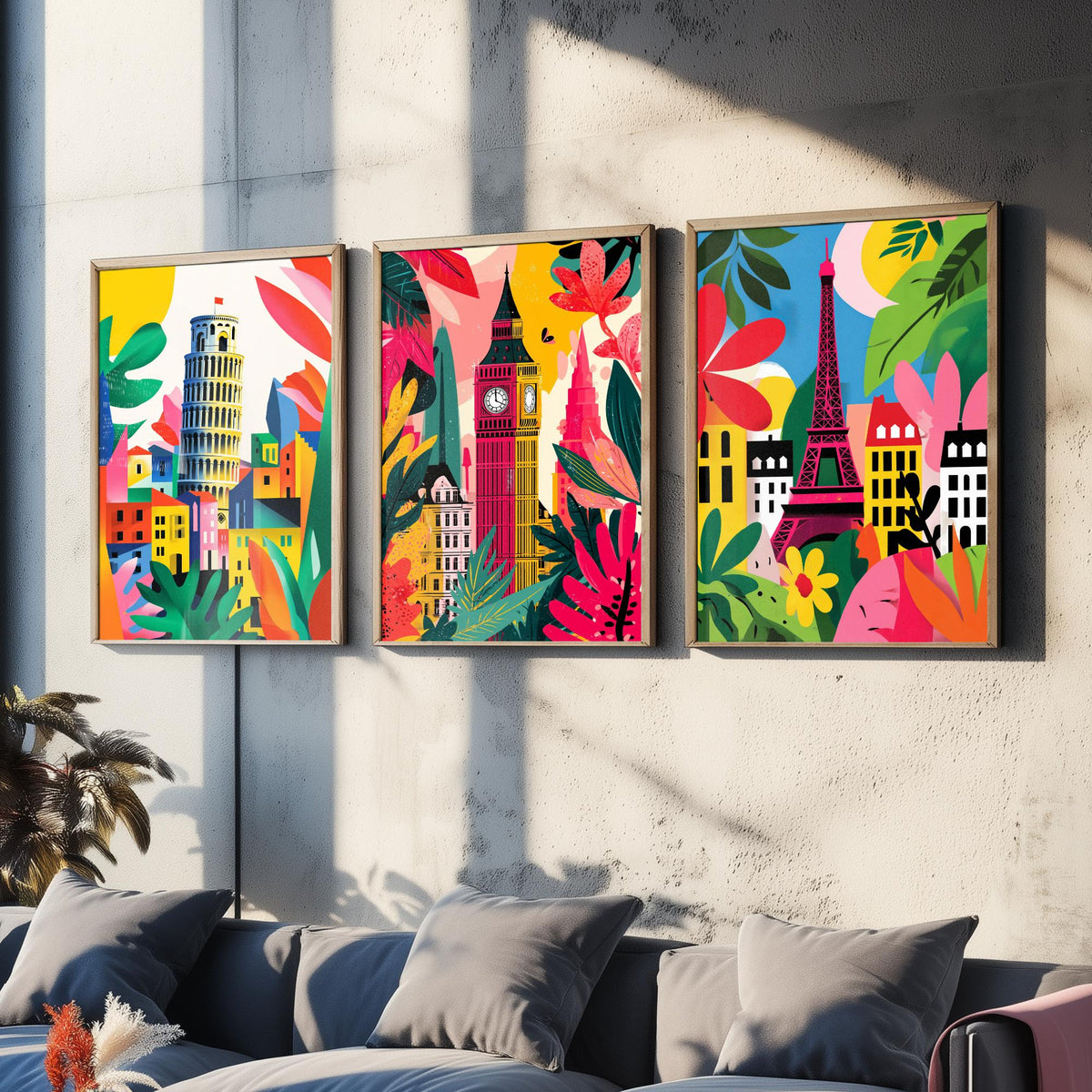 World Landmarks Set of Three Prints | Leaning Tower of Pisa Big Ben Eiffel Tower | Cut Out Style Travel Illustration Poster