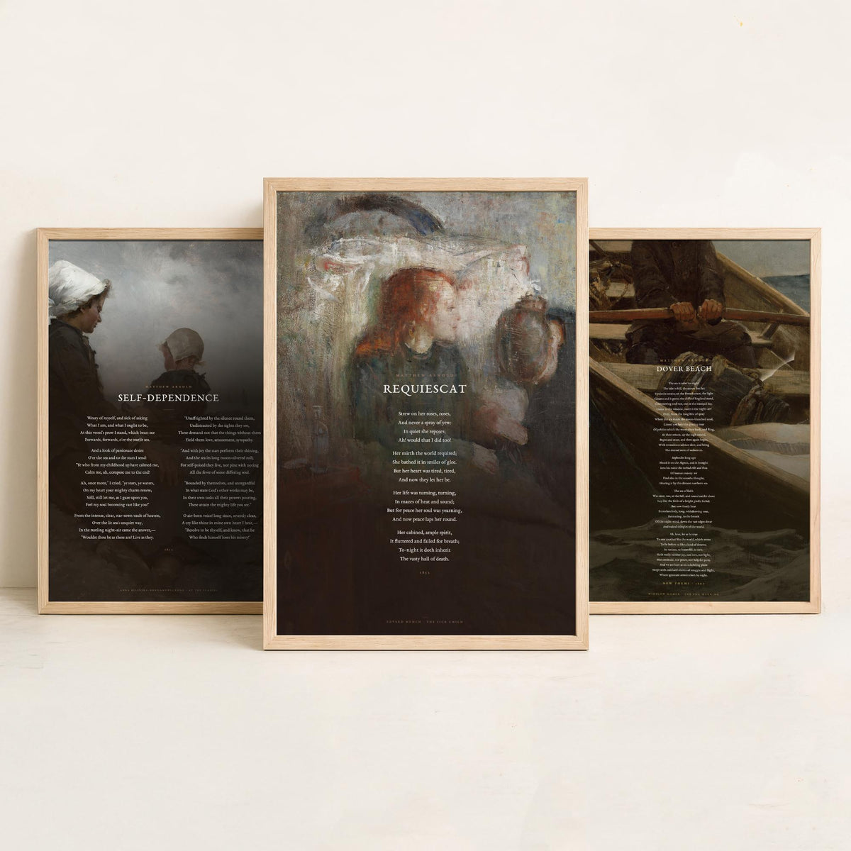 Matthew Arnold Poems Set of Three Art Prints - Dover Beach, Requiescat, Self-Dependence - Full Poems over Classic Paintings Poster