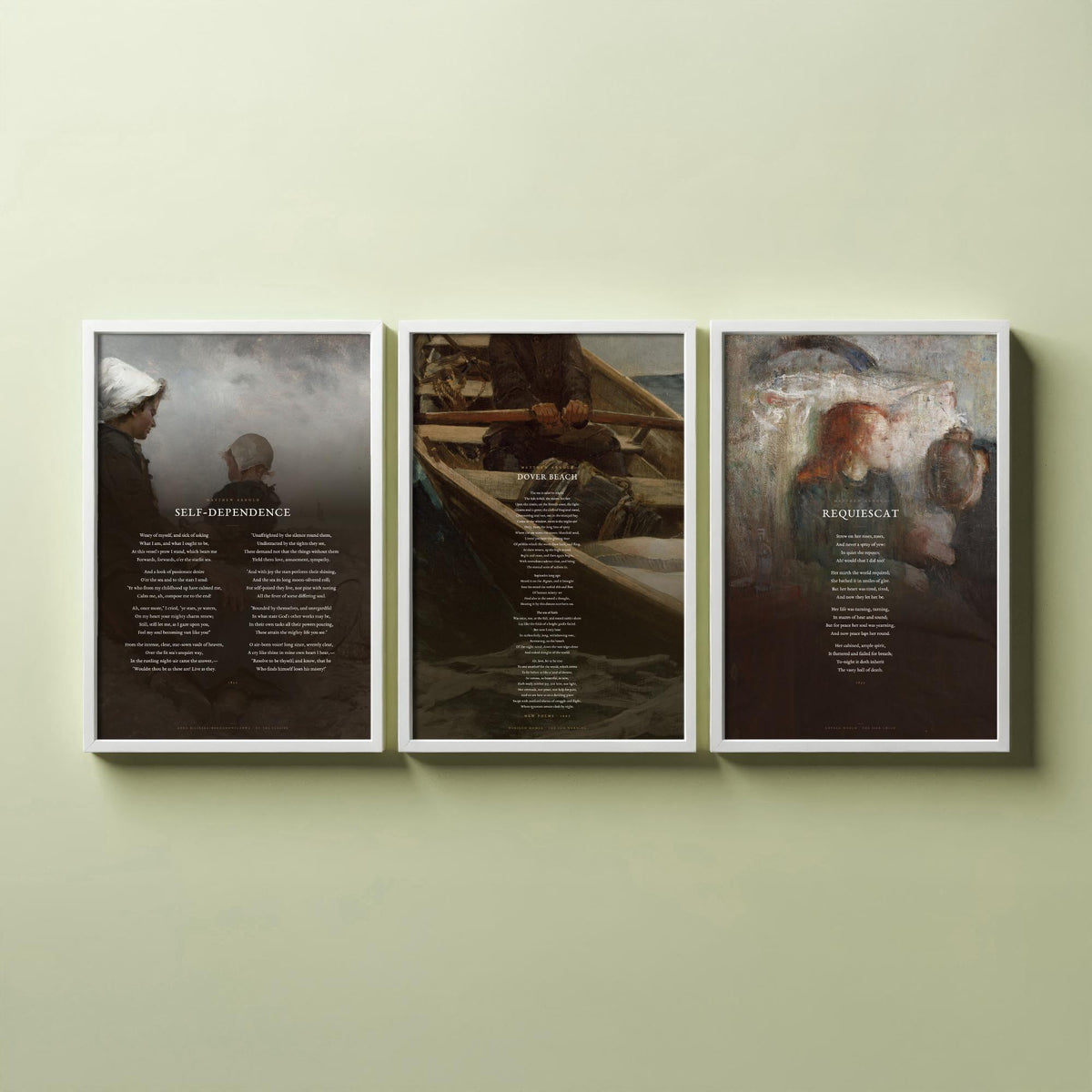Matthew Arnold Poems Set of Three Art Prints - Dover Beach, Requiescat, Self-Dependence - Full Poems over Classic Paintings Poster