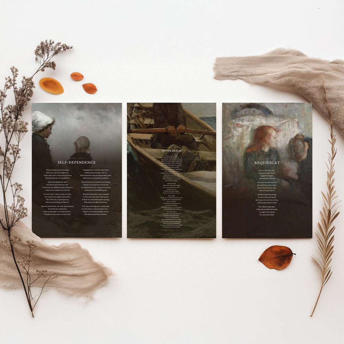 Matthew Arnold Poems Set of Three Art Prints - Dover Beach, Requiescat, Self-Dependence - Full Poems over Classic Paintings Poster