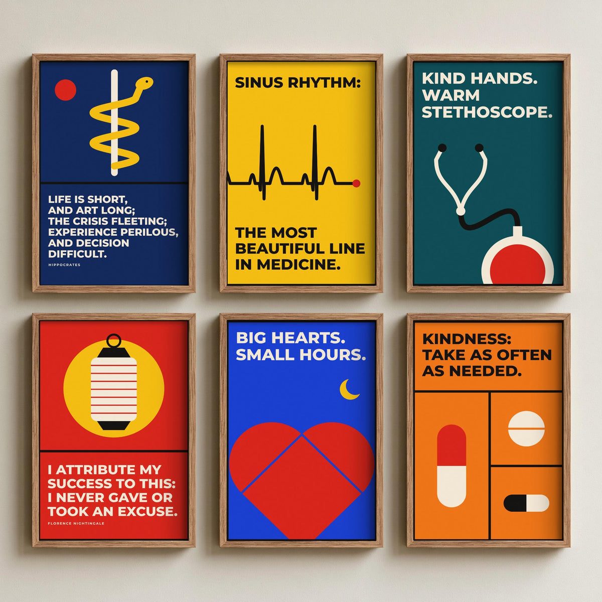 Set of Six Medicine Quote Art Prints - 6 Bauhaus Doctor and Nurse Posters - Minimalist Office Illustration - Stethoscope, ECG, Heart