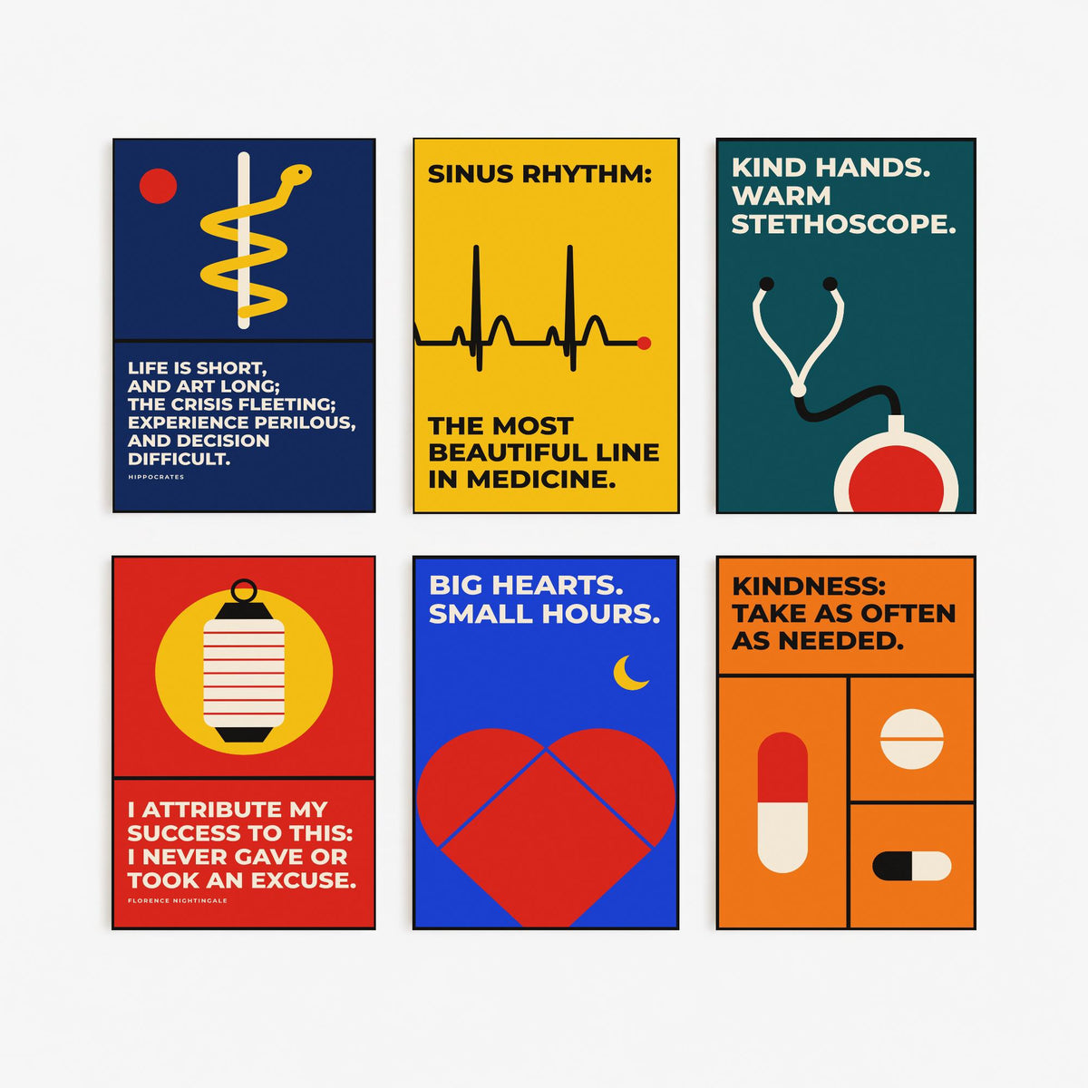 Set of Six Medicine Quote Art Prints - 6 Bauhaus Doctor and Nurse Posters - Minimalist Office Illustration - Stethoscope, ECG, Heart