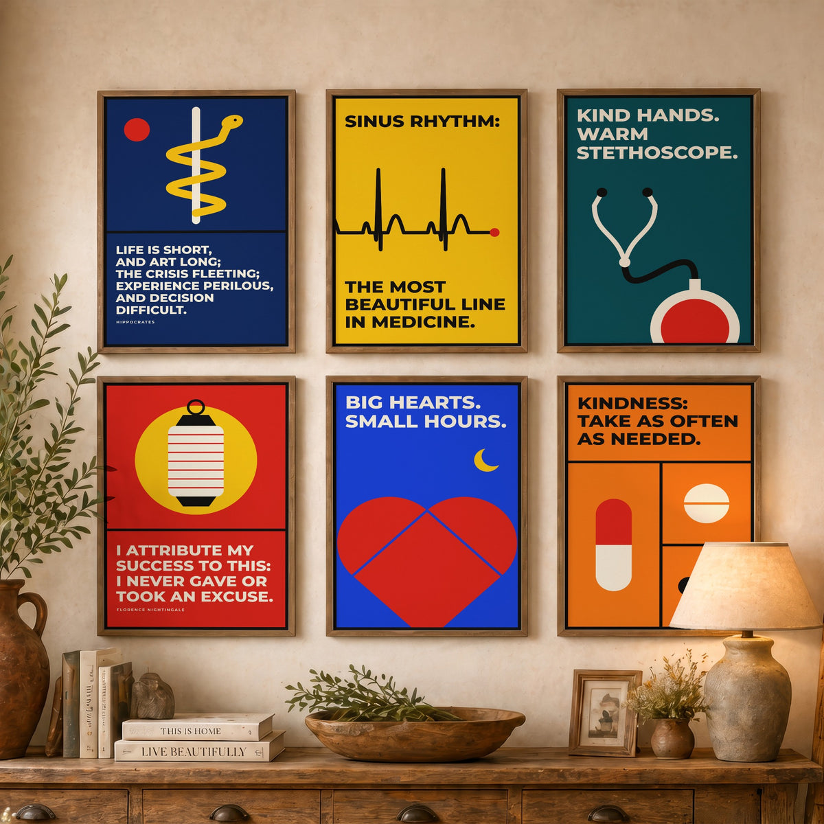 Set of Six Medicine Quote Art Prints - 6 Bauhaus Doctor and Nurse Posters - Minimalist Office Illustration - Stethoscope, ECG, Heart