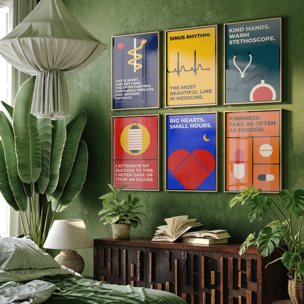 Set of Six Medicine Quote Art Prints - 6 Bauhaus Doctor and Nurse Posters - Minimalist Office Illustration - Stethoscope, ECG, Heart