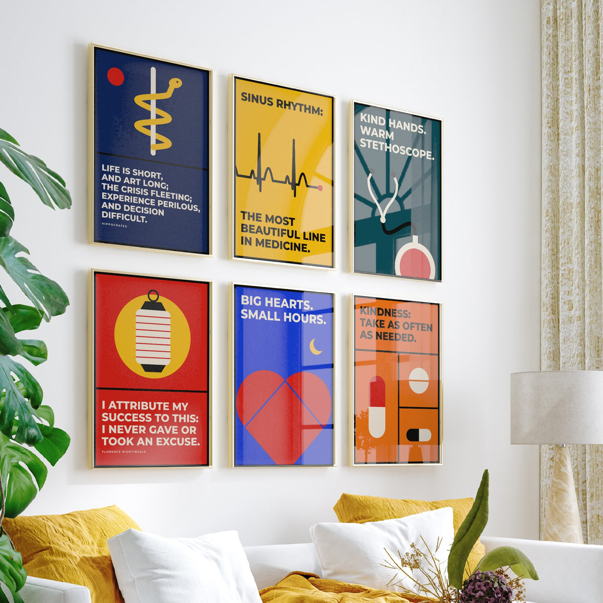 Set of Six Medicine Quote Art Prints - 6 Bauhaus Doctor and Nurse Posters - Minimalist Office Illustration - Stethoscope, ECG, Heart