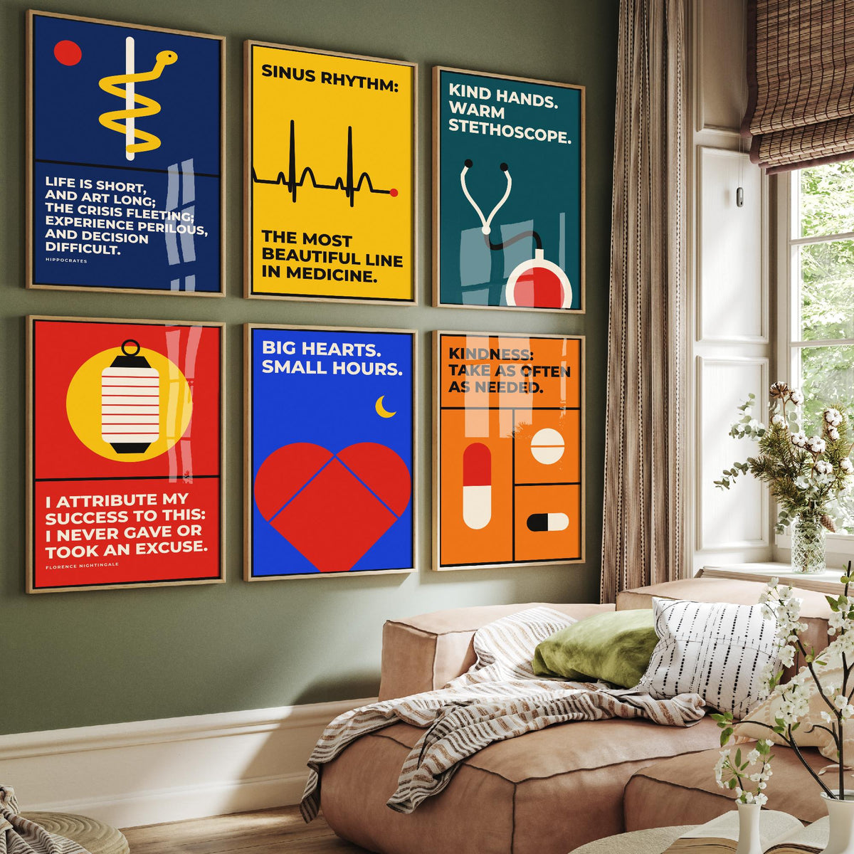 Set of Six Medicine Quote Art Prints - 6 Bauhaus Doctor and Nurse Posters - Minimalist Office Illustration - Stethoscope, ECG, Heart