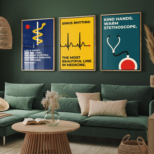 Medicine Quotes Set of Three Art Prints - 3 Bauhaus Doctor and Nurse Posters - Minimalist Office Wall Art Illustration V1