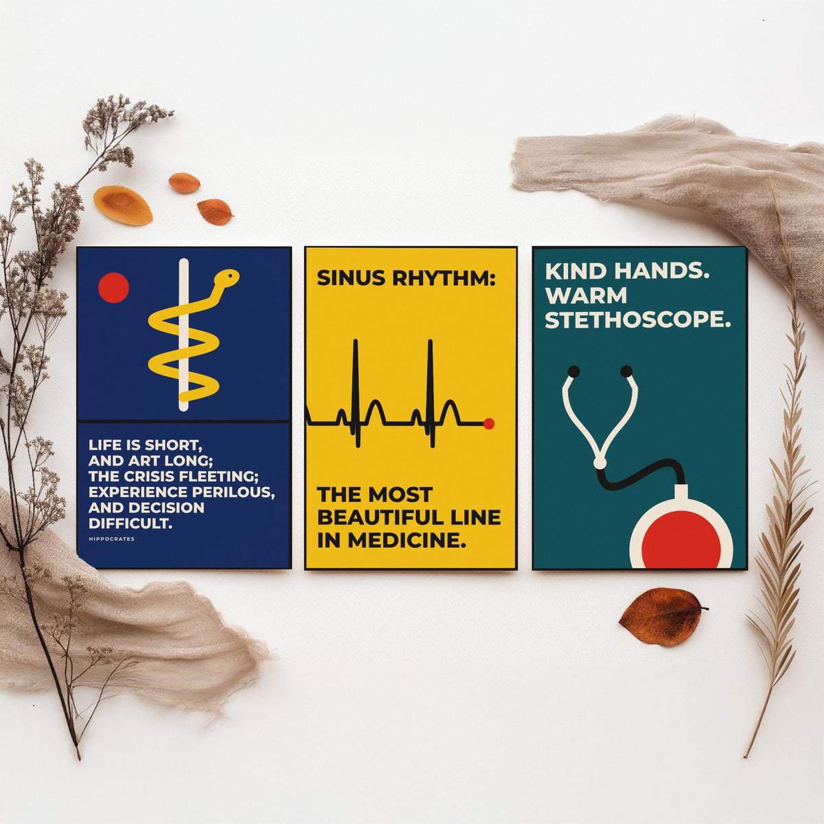 Medicine Quotes Set of Three Art Prints - 3 Bauhaus Doctor and Nurse Posters - Minimalist Office Wall Art Illustration V1
