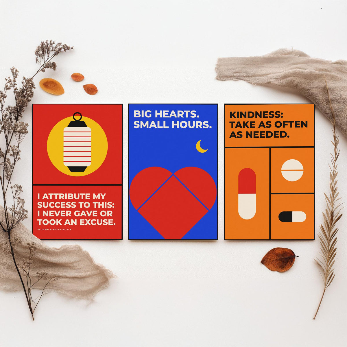 Medicine Quotes Set of Three Art Prints - 3 Retro Bauhaus Doctor and Nurse Posters - Minimalist Office Wall Art Illustration V2