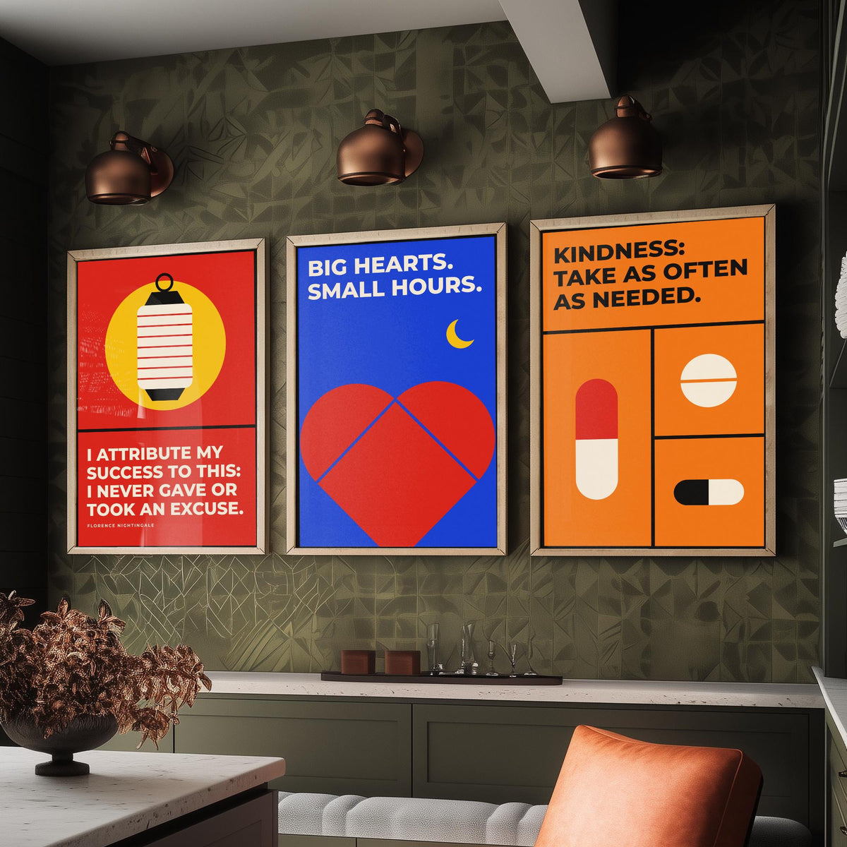 Medicine Quotes Set of Three Art Prints - 3 Retro Bauhaus Doctor and Nurse Posters - Minimalist Office Wall Art Illustration V2