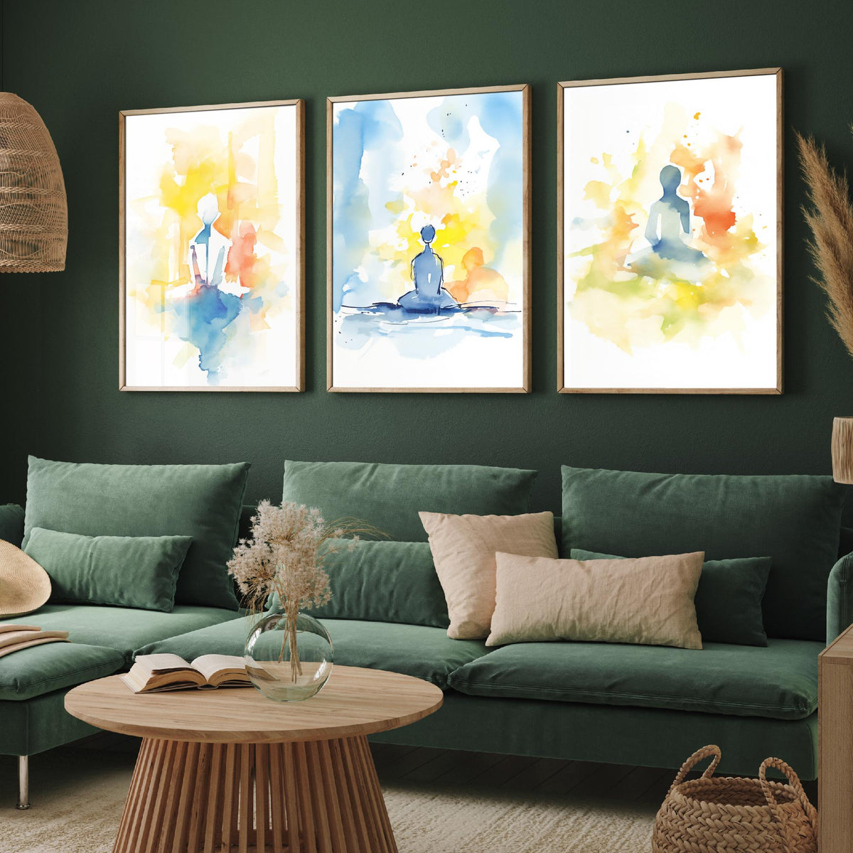 Meditation Watercolour Set of Three Art Prints - Simple Seated Figures in Yellow and Blue - Calm Zen Poster Painting